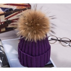 Skullies & Beanies Winter Knitted Beanie Hat Soft Warm Wool Hat with Removable Faux Fur Pom Pom - Purple - CD18IHD3CN9 $15.29