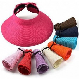 Sun Hats Women's Summer Foldable Straw Sun Visor w/Cute Bowtie UPF 50+ Packable Wide Brim Roll-Up Visor Beach Hat - Navy - CK...