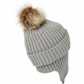 Skullies & Beanies Ribbed Knit Beanie Velour Lining Hat Pom Earflaps Cap BZ70012 - Grey - CL18KKKXT3I $17.56