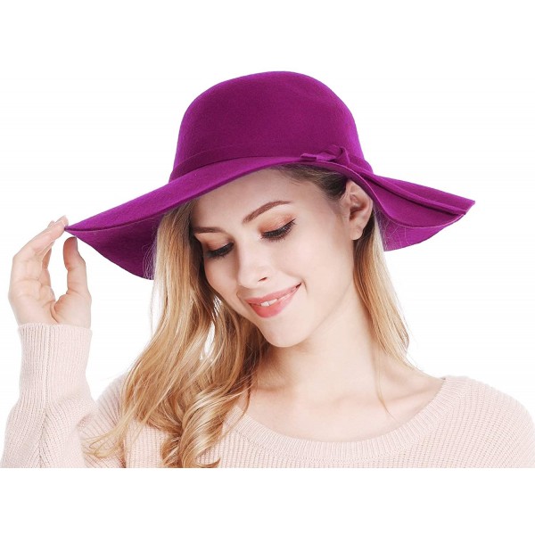 Women's Wide Brim Wool Ribbon Band Floppy Hat - Purple - C118ID6YSKO