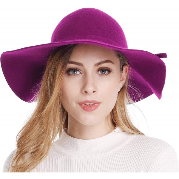 Women's Wide Brim Wool Ribbon Band Floppy Hat - Purple - C118ID6YSKO