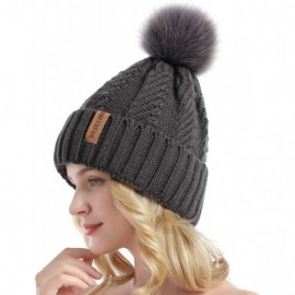 Skullies & Beanies Women Winter Knit Cable Hat Chunky Snow Cuff Cap with Faux Fur Pom Pom Beanie Hats - 03- Dark Grey - CG18U...