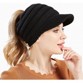 Skullies & Beanies Women's Warm Chunky Cable Knit Messy Bun Hat Ponytail Visor Beanie Cap (Navy White Mix) - CW18HYWN63E $11.81