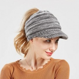 Skullies & Beanies Women's Warm Chunky Cable Knit Messy Bun Hat Ponytail Visor Beanie Cap (Navy White Mix) - CW18HYWN63E $11.81