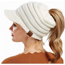 Skullies & Beanies Women's Warm Chunky Cable Knit Messy Bun Hat Ponytail Visor Beanie Cap (Navy White Mix) - CW18HYWN63E $11.81