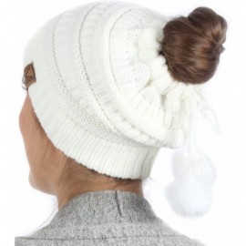 Skullies & Beanies Women's Ponytail Messy Bun Beanie Ribbed Knit Hat Cap with Adjustable Pom Pom String - Off White - C618H4H...