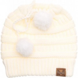 Skullies & Beanies Women's Ponytail Messy Bun Beanie Ribbed Knit Hat Cap with Adjustable Pom Pom String - Off White - C618H4H...