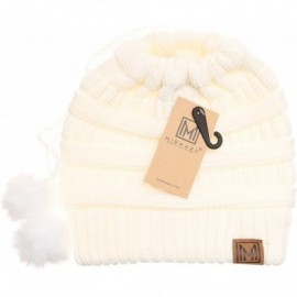 Skullies & Beanies Women's Ponytail Messy Bun Beanie Ribbed Knit Hat Cap with Adjustable Pom Pom String - Off White - C618H4H...