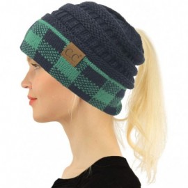 Skullies & Beanies Ponytail Messy Bun BeanieTail Soft Winter Knit Stretch Beanie Hat (Buffalo Plaid Hunter Green/Navy) - C218...