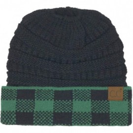 Skullies & Beanies Ponytail Messy Bun BeanieTail Soft Winter Knit Stretch Beanie Hat (Buffalo Plaid Hunter Green/Navy) - C218...