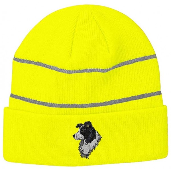 Skullies & Beanies Custom Reflective Beanie Border Collie Head Face Embroidery Acrylic - Neon Yellow - CU18ZTTHGIA $21.75