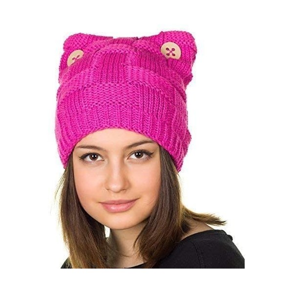 Skullies & Beanies Pussycat hat-Warm Winter Cat Beanie Lined with Fleece-Pussy hat - Fuchsia Pink - CP188MS8CGL $21.86