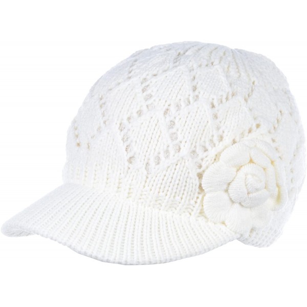 Skullies & Beanies Winter Fashion Knit Cap Hat for Women- Peaked Visor Beanie- Warm Fleece Lined-Many Styles - White Rose - C...