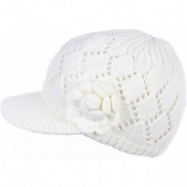 Skullies & Beanies Winter Fashion Knit Cap Hat for Women- Peaked Visor Beanie- Warm Fleece Lined-Many Styles - White Rose - C...