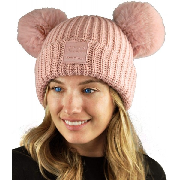 Skullies & Beanies Women's Large Double Ear Soft Pom Cuff Skully Beanie Hat - Rose - C818AIQE5E7 $19.58