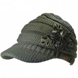 Skullies & Beanies Warm Cable Ribbed Knit Beanie Hat w/Visor Brim - Chunky Winter Skully Cap - Flower Army - CX18A6TD0SX $9.83
