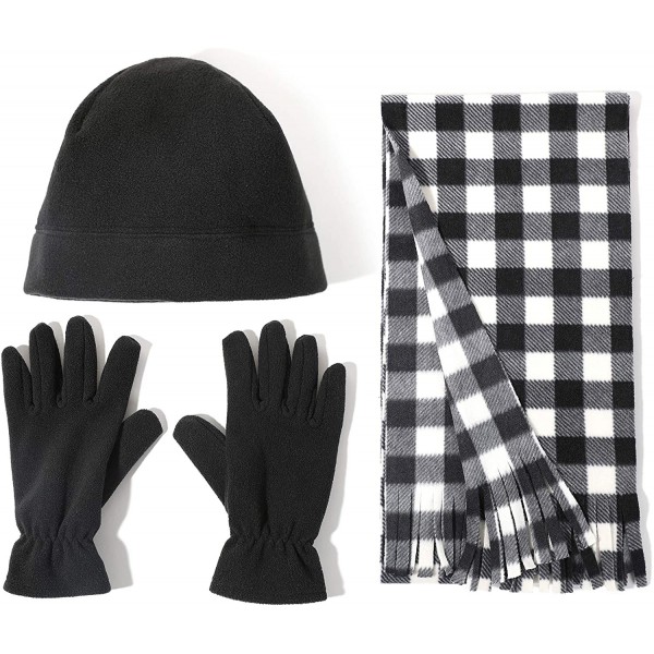 Skullies & Beanies Women Winter Fleece Beanie Gloves Scarf Set - Black Plaid - CI18A2X6DIC $14.10