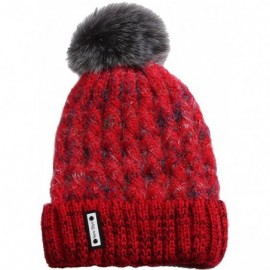 Berets Knit Caps For Women Wool Cosy Warm Beanie Winter Hat Ski Crochet Cap Pom Pom - Red - CD18IQ7XCX2 $9.72