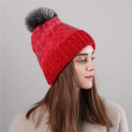 Berets Knit Caps For Women Wool Cosy Warm Beanie Winter Hat Ski Crochet Cap Pom Pom - Red - CD18IQ7XCX2 $9.72