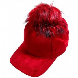 Baseball Caps Suede Removable Fur Pom Pom Baseball Cap - Burgundy - CB12LHKBQT7 $16.98