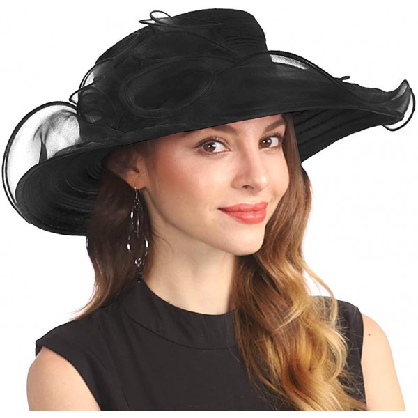 Sun Hats Women Organza Kentucky Derby Church Dress Cloche Hat Fascinator Floral Tea Party Wedding Bucket Hat S053 - Black - C...