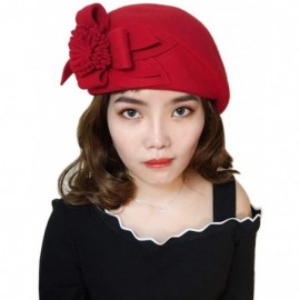 Fedoras Womens Elegant Double Flower 100% Wool Pillbox Hat Fascinator Hat Beanie Hat - Floral Red - CL18G8CIMH2 $21.44