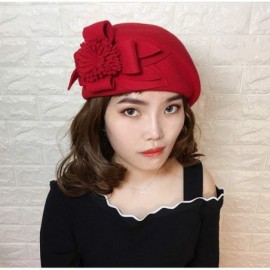 Fedoras Womens Elegant Double Flower 100% Wool Pillbox Hat Fascinator Hat Beanie Hat - Floral Red - CL18G8CIMH2 $21.44