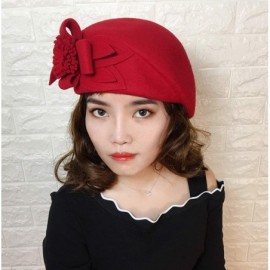 Fedoras Womens Elegant Double Flower 100% Wool Pillbox Hat Fascinator Hat Beanie Hat - Floral Red - CL18G8CIMH2 $21.44