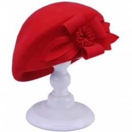 Fedoras Womens Elegant Double Flower 100% Wool Pillbox Hat Fascinator Hat Beanie Hat - Floral Red - CL18G8CIMH2 $21.44