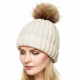Skullies & Beanies Knit Hat for Womens Girls Fleece Winter Slouchy Beanie Hat with Real Raccon Fox Fur Pom Pom - Style02 Beig...