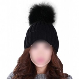 Skullies & Beanies Knitted Real Fur Hat 100% Real Raccoon Fur Pom Pom Hat Winter Women Hat Beanie for Women - Black Pompom - ...