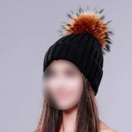 Skullies & Beanies Knitted Real Fur Hat 100% Real Raccoon Fur Pom Pom Hat Winter Women Hat Beanie for Women - Black Pompom - ...