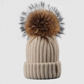Skullies & Beanies Knitted Real Fur Hat 100% Real Raccoon Fur Pom Pom Hat Winter Women Hat Beanie for Women - Black Pompom - ...