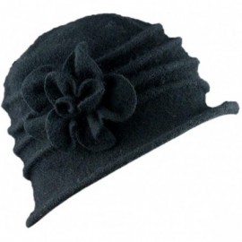 Skullies & Beanies Women 100% Wool Felt Round Top Cloche Hat Fedoras Trilby with Bow Flower - A4 Black - CJ185ALO4QD $13.89