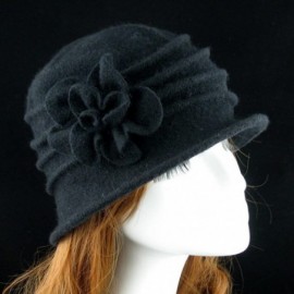 Skullies & Beanies Women 100% Wool Felt Round Top Cloche Hat Fedoras Trilby with Bow Flower - A4 Black - CJ185ALO4QD $13.89