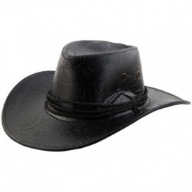 Cowboy Hats Unisex Faux Leather Leaf Pattern Adjustable Neck Strap Wide Brim Western Style Sunhat Cowboy Hat - Black - CL185D...