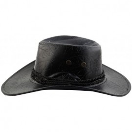 Cowboy Hats Unisex Faux Leather Leaf Pattern Adjustable Neck Strap Wide Brim Western Style Sunhat Cowboy Hat - Black - CL185D...