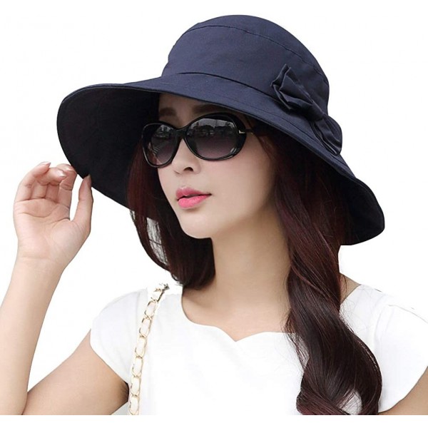 Bucket Hats Womens UPF50 Cotton Packable Sun Hats w/Chin Cord Wide Brim Stylish 54-60CM - 69038_navy - CJ18DWWW5KW $23.60