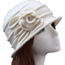 Berets Women 100% Wool Solid Color Round Top Cloche Beret Cap Flower Fedora Hat - 1 Off White - CH186WYRCNM $31.81