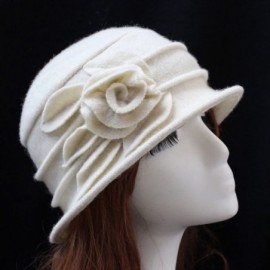 Berets Women 100% Wool Solid Color Round Top Cloche Beret Cap Flower Fedora Hat - 1 Off White - CH186WYRCNM $20.24