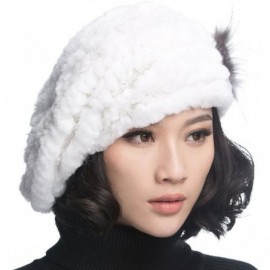 Berets Winter Women's Rex Rabbit Fur Beret Hats with Fur Flower - White - C011FG7MUYD $16.41