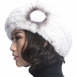 Berets Winter Women's Rex Rabbit Fur Beret Hats with Fur Flower - White - C011FG7MUYD $16.41