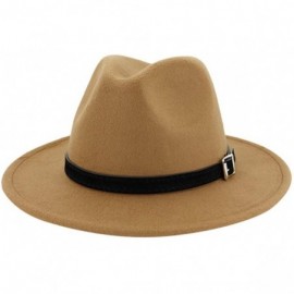 Fedoras Mens Fedora Hat Faux Felt Wide Brim Belt Buckle Cowboy Hat - D Khaki - CD1933UU7SD $20.24