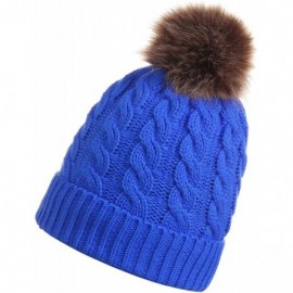 Skullies & Beanies Women's Winter Ribbed Knit Faux Fur Pompoms Chunky Lined Beanie Hats - Single-royal Blue - CE186QOERSG $9.68