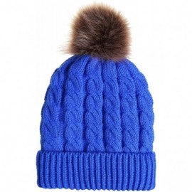 Skullies & Beanies Women's Winter Ribbed Knit Faux Fur Pompoms Chunky Lined Beanie Hats - Single-royal Blue - CE186QOERSG $9.68