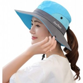 Sun Hats Women's Summer Mesh Wide Brim Sun UV Protection Hat with Ponytail Hole - Sky Blue - CV18TGNCDGD $14.17