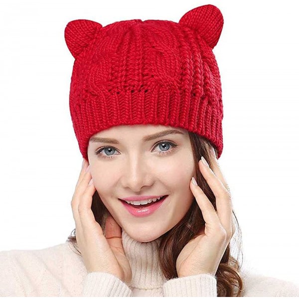 Skullies & Beanies Women's Hat Cat Ear Crochet Braided Knit Caps with Punk 3D Cat Stud Earring - A-cat Ear Hat_red - CH11HCU9...