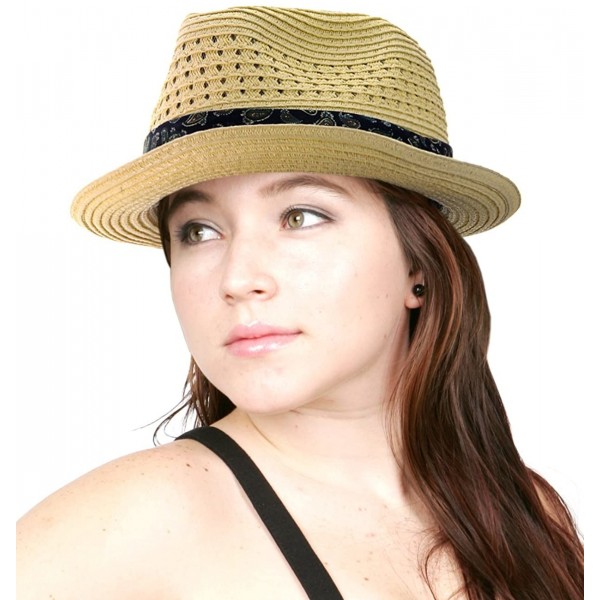 Fedoras Solid Color Straw Woven Paisley Band Vented Unisex Fedora Hat - Natural - CA11Y7EKZ2Z $15.26