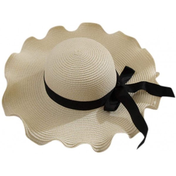 Sun Hats Women Bowknot Straw Hat Stripe Floppy Foldable Roll up Beach Cap Sun Hat Outdoor UV +50 - White - C618UC9H5MT $17.02