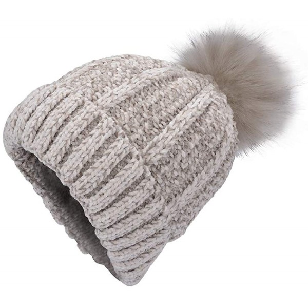 Skullies & Beanies Women Winter Beanie Hats Faux Fur Pom Pom Beanie Hat - Khaki-m19 - C718XD8XKGX $14.66